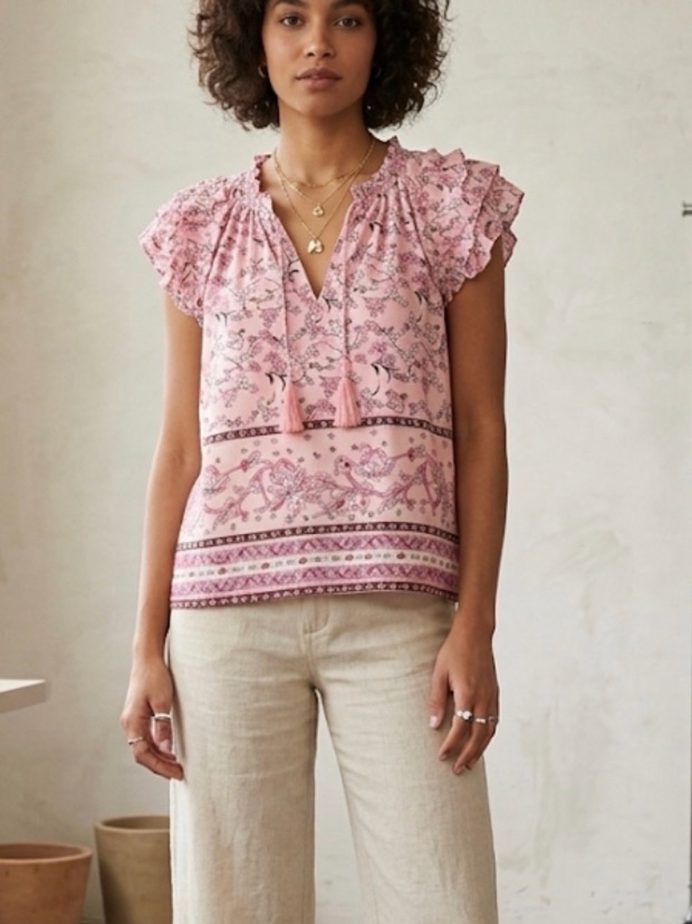 Cotton blue‎ Coastal Blue Pink Floral Tassel Peasant Tunic ruffle sleeve 2X boho